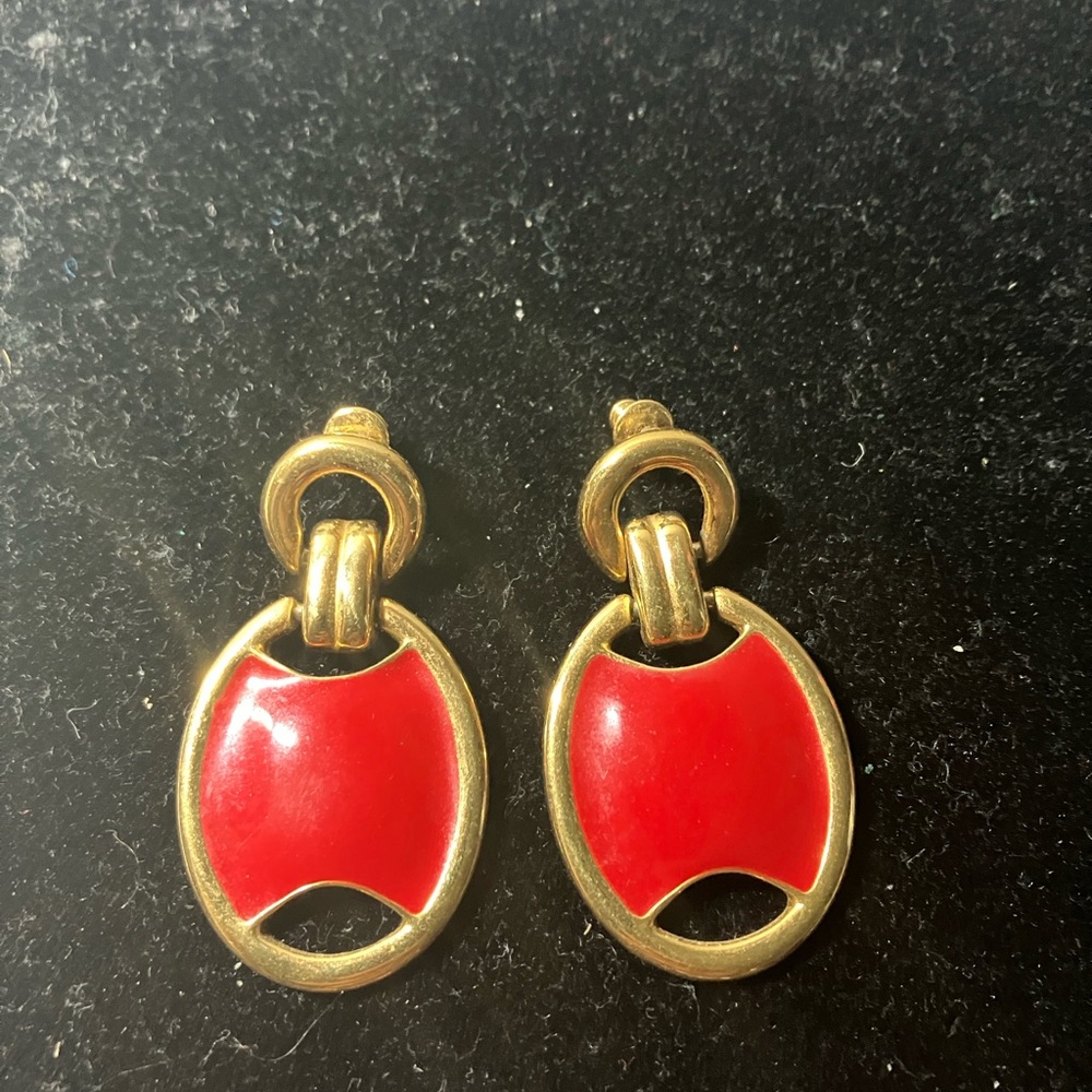 Monet Red enamel and Gold tone Chain Earrings